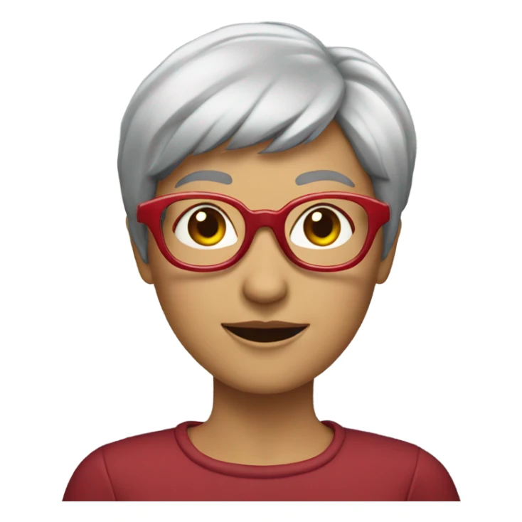 A lady with short gray hair, and red circle glasses sticker