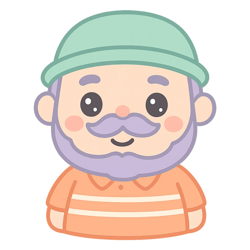 detailed and cute character with mustache, chubby, medium eyebrows, connected beard and mustache, wearing an orange shirt with white stripes, and a green grandpa hat sticker