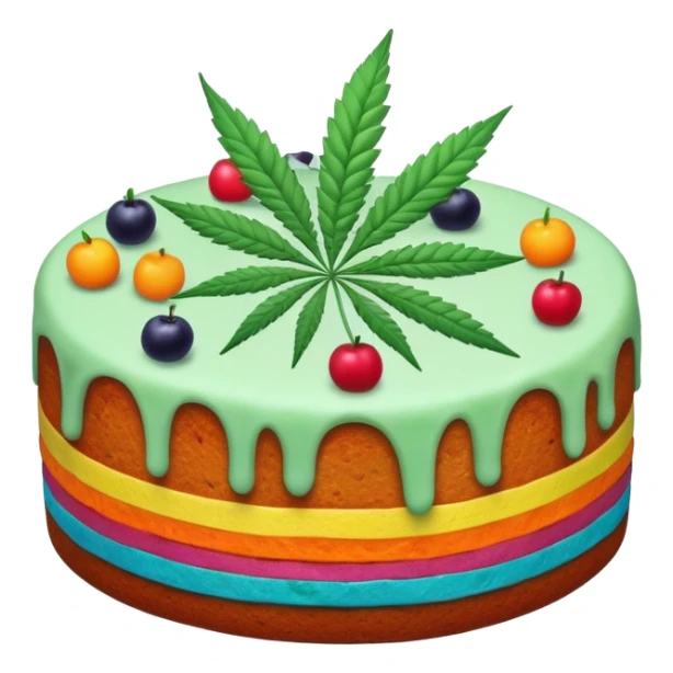 colorful frosted fruit cake with cannabis leaf sticker