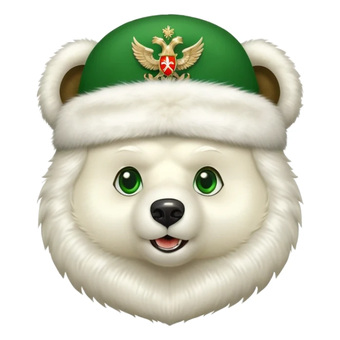 Happy Russian bear with bright green eyes, white fur ushanka hat with double-headed eagle insignia, cute facial expression sticker