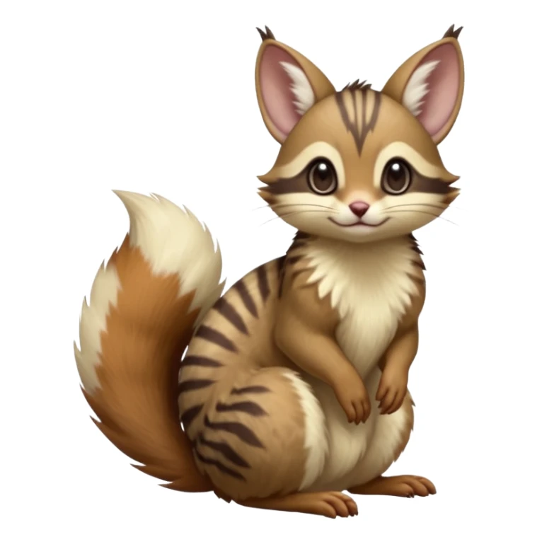 Brown-pointed, soft natural realistic romantic vintage antique divine beautiful elegant pretty precious cute young youthful  Fakémon-Pokémon-Furret-opossum-squirrel-feline-serval-caracal-chinchilla-Minccino-Cinccino-Meowstic-rodent-hybrid-creature with a big fluffy bushy tail (full body) sticker