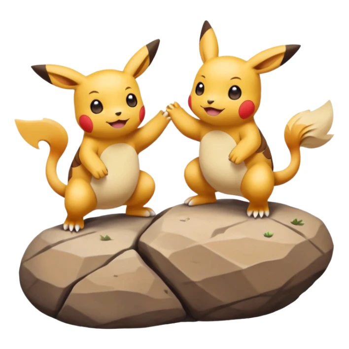 Two Pokémon characters working together — one is helping the other climb onto a small rock. Both look joyful and kind, with a bright, cheerful cartoon emoji style. sticker