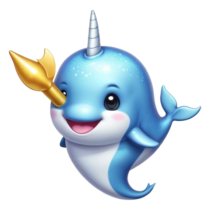 Cinematic Cute Narwhal Portrait Emoji, Head tilted playfully and inquisitively, with a glossy, shimmering body highlighted by its iconic tusk and sparkling eyes filled with wonder, Simplified yet irresistibly adorable features, highly detailed, glowing with a warm, friendly glow, high shine, affectionate and lively, stylized with a touch of whimsical charm, bright and endearing, soft glowing outline, capturing the essence of a mischievous marine marvel that feels like it could frolic out of the screen into your heart! sticker