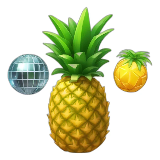 a pineapple, a robot, and a disco ball into a single, unique character. The emoji should convey a sense of futuristic tropical dance party vibes. sticker