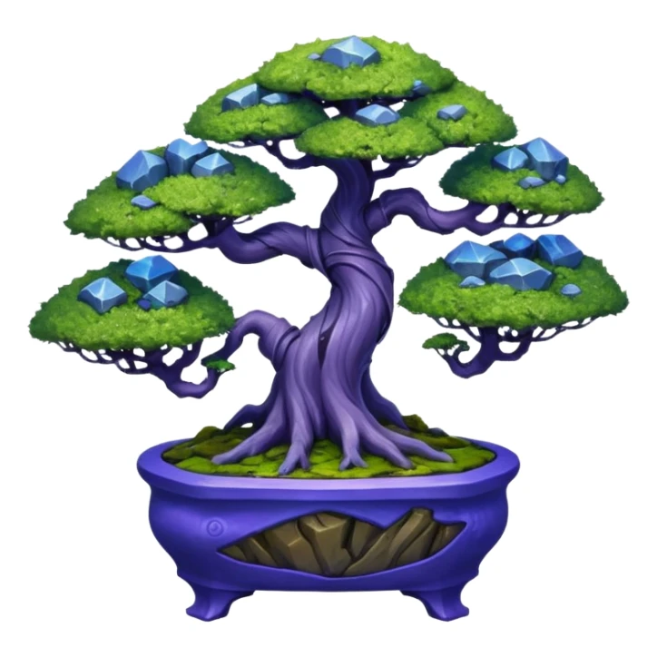 Futuristic wild glowing space alien moss maples shohin Bonsai hair-pine-leaf group multi faceted intricate crystalline inspired boxwood purple blue informal rocky cliffhanger eight trees forest planting in shallow willow slab style pot with big animal-like feet  sticker