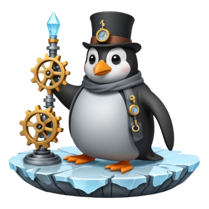 a steampunk engineer penguin fixing a complex gears system on top of an iceberg sticker