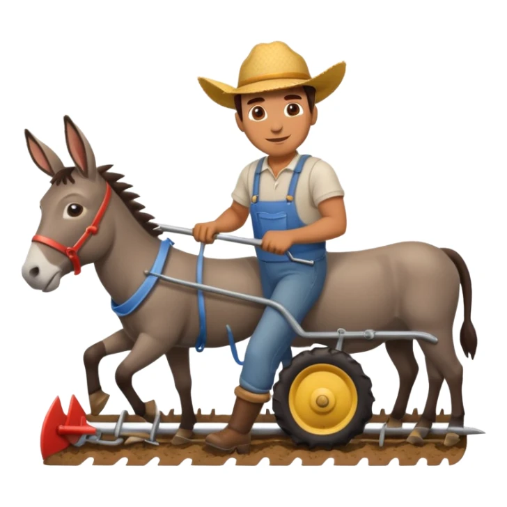 man plowing a field with a plow and a donkey, emoji style sticker
