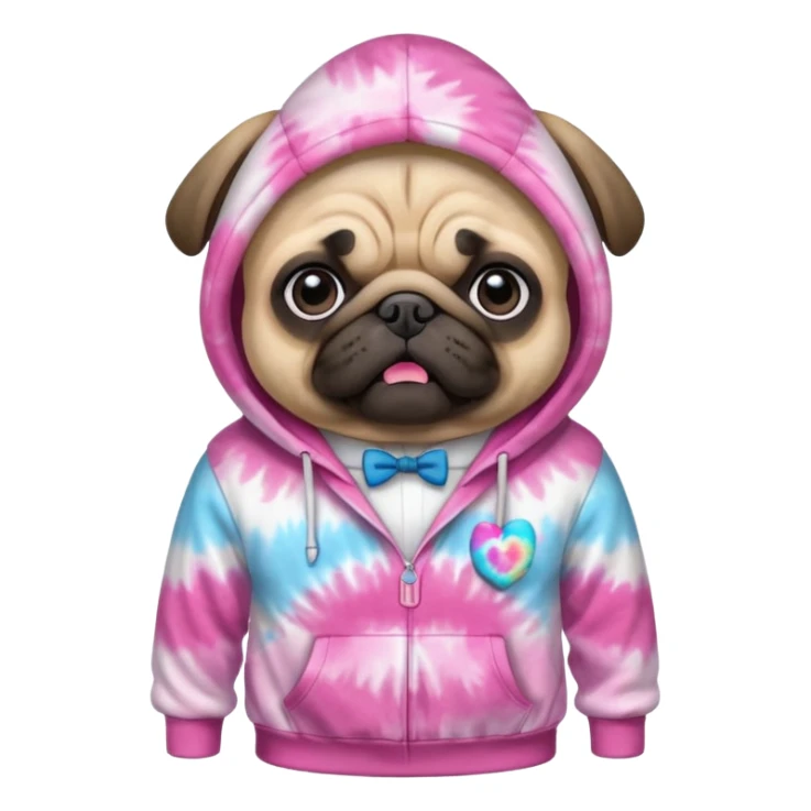 A pug wearing a pink and white tie die hoodie sticker