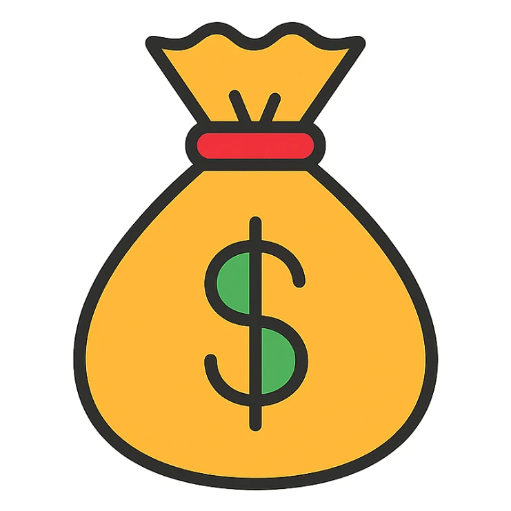 money bag icon, flat design, minimal color palette, bold outline sticker