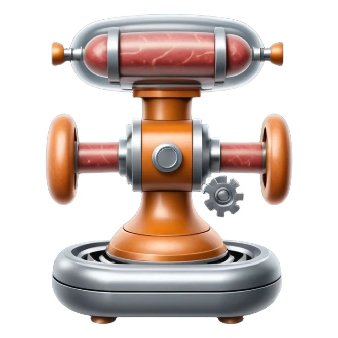 sausage-processing droid. retro-futuristic style. top is a circular industrial meat grinder with rotating gears and blades. Two robotic arms feed material into grinder. Sausage links extrude from the rear like  factory. The body is metallic, compact, and floats above the ground.no legs. Dark humor sticker