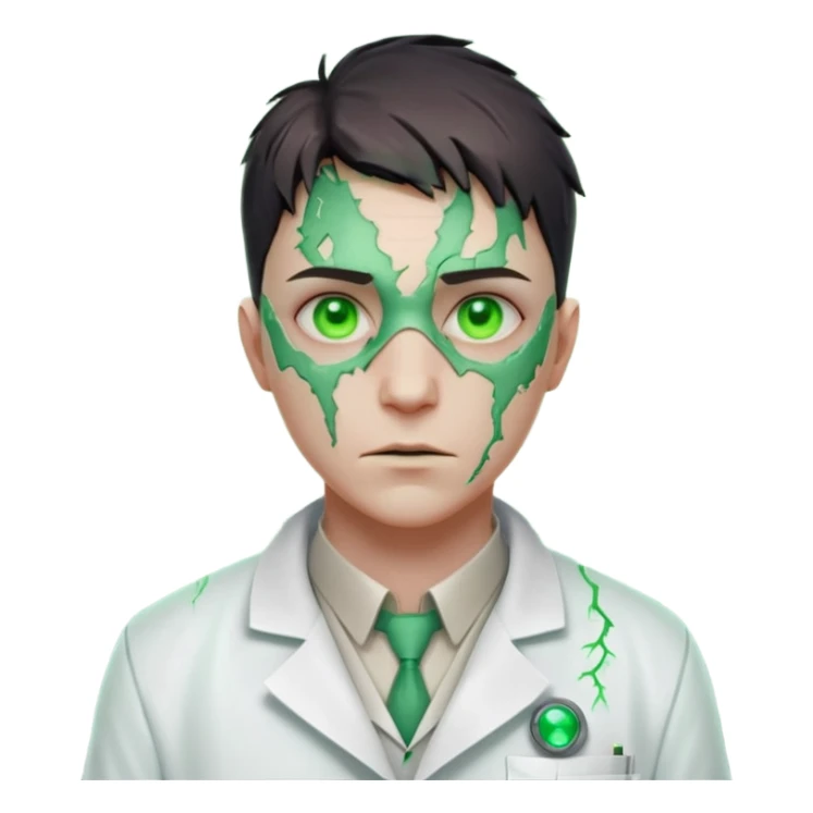 laboratory mutant portrait, head and shoulders only, glowing green veins, torn lab coat collar, mutated eyes, sci-fi experiment vibe, 3D cartoon, mobile game icon style, clean background, no text, no watermark

 sticker