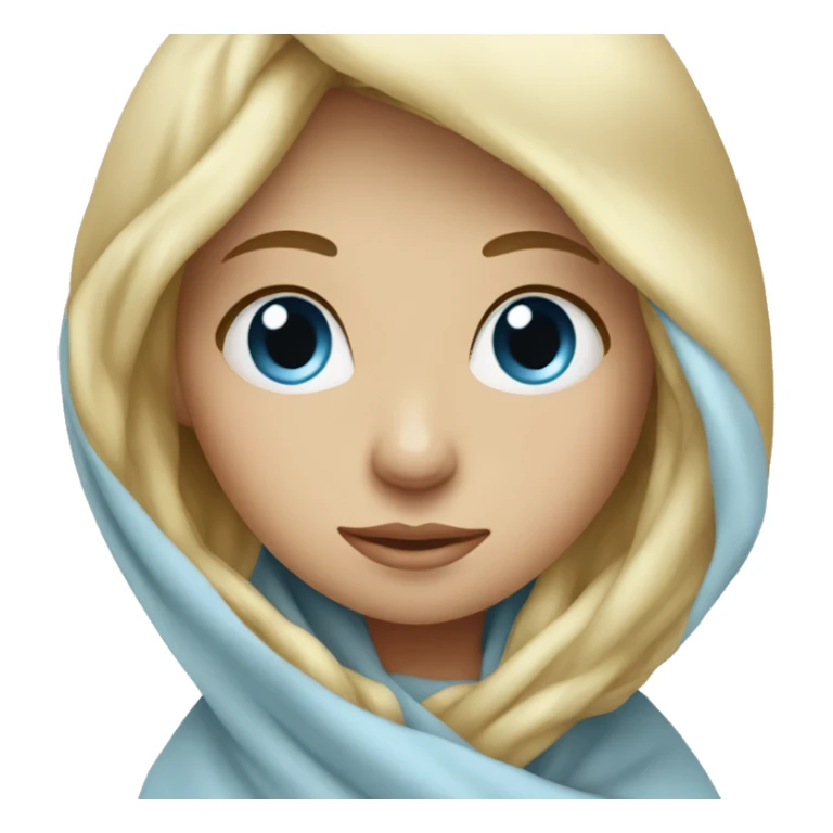 Blonde girl with light blue eyes wrapped in a blanket with head sticker