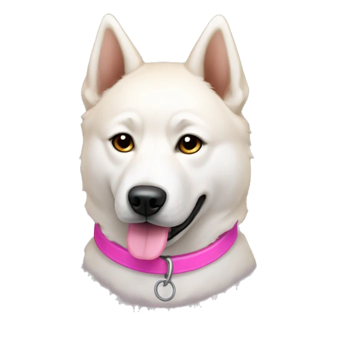 White jindo dog with pointy light brown ears and pink collar sticker
