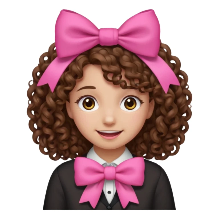 Curly hair girl, Pleading Face emoji, using pink bow sticker