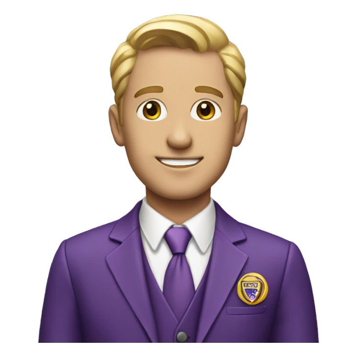 A man in a purple suit with a WB badge sticker