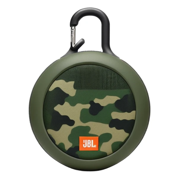 Simple JBL Clip 4 portable speaker with correct round body and built-in carabiner hook, minimal green camo pattern, iOS emoji style sticker