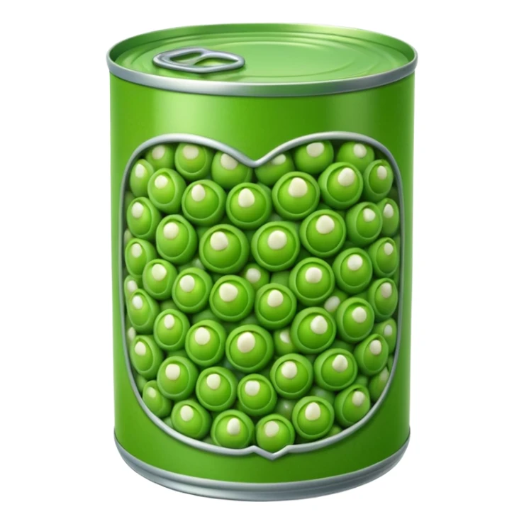 open metal can with plain label featuring green peas, top removed to show glossy plump green peas inside, peas look moist and tender brined, no extras, apple emoji style, soft lighting, transparent background, emoji scale sticker