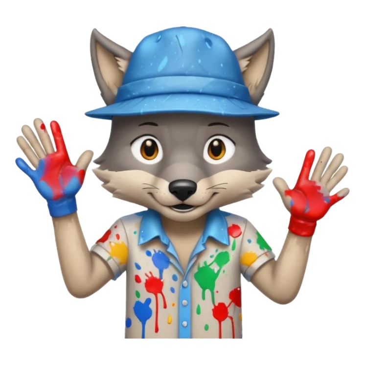 Wolf cartoon shaking hand wering hat and paint shirt children version  sticker