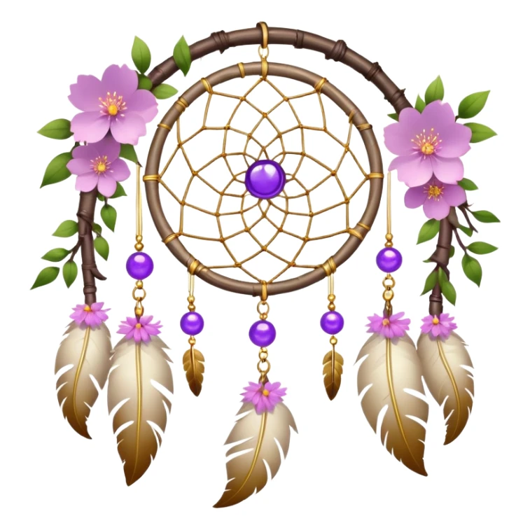 A white-birch Dreamcatcher. with purple-round-orbs, gold-rings hanging down. purple flowers, pink sakura flowers, sticker