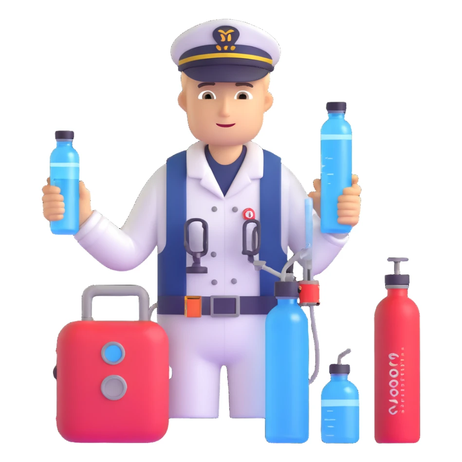 Oceanologist sailor from Vladivostok with scientific instruments, CTD sensor, water sampling bottles, and marine life sticker