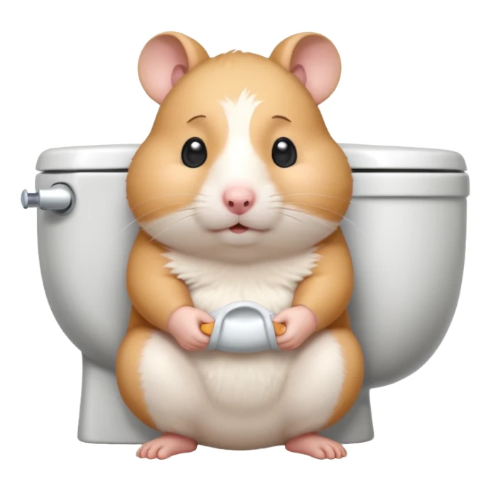 Cute chubby cartoon-style hamster sitting on toilet pooping looking as if he had an accident sticker