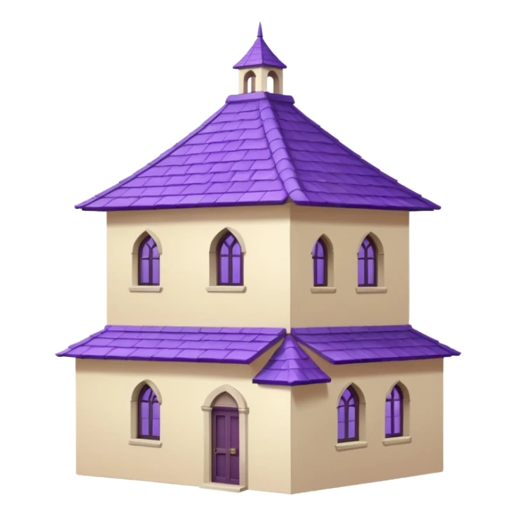 single tall seclusion tower with one large windows above, a purple roof and cream walls, and no entrance sticker