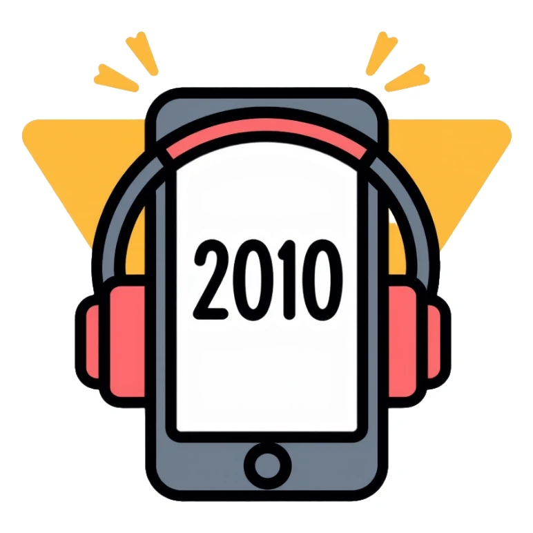 Music playlist icon with smartphone, headphones, and "2010" text, representing 2010s decade music sticker