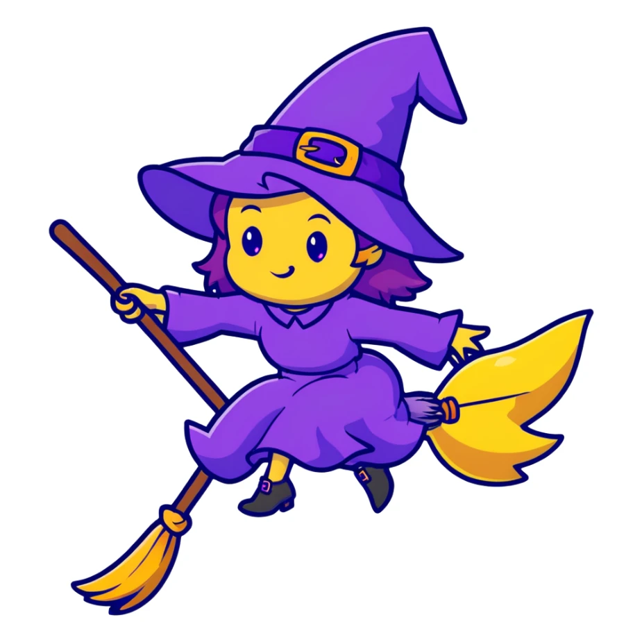 cute witch with purple hat flying on a magical broom with sparkles sticker