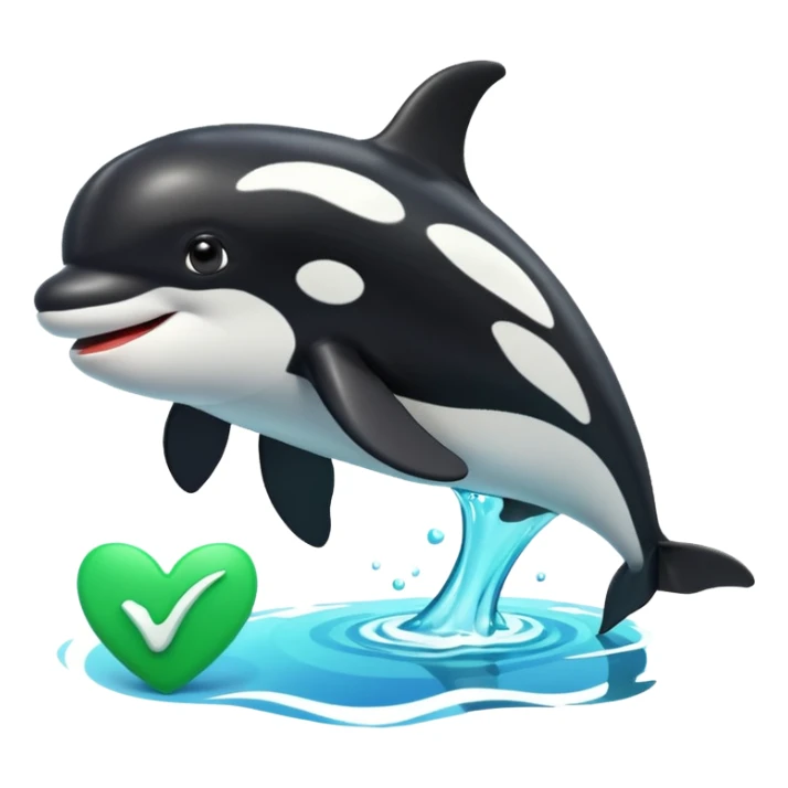 3d Cartoon orca with a green checkmark next to it sticker