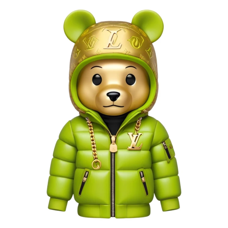 traditional cube-shaped bearbrick toy with squared head, lime balaclava with graffiti logos and integrated dark visor shield, Louis Vuitton monogram puffer jacket with plush fur hood trim, gold chains sticker