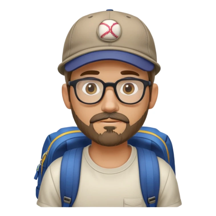adventurer with goatee beard (no beard on cheeks), short hair, glasses, backwards baseball cap and backpack sticker