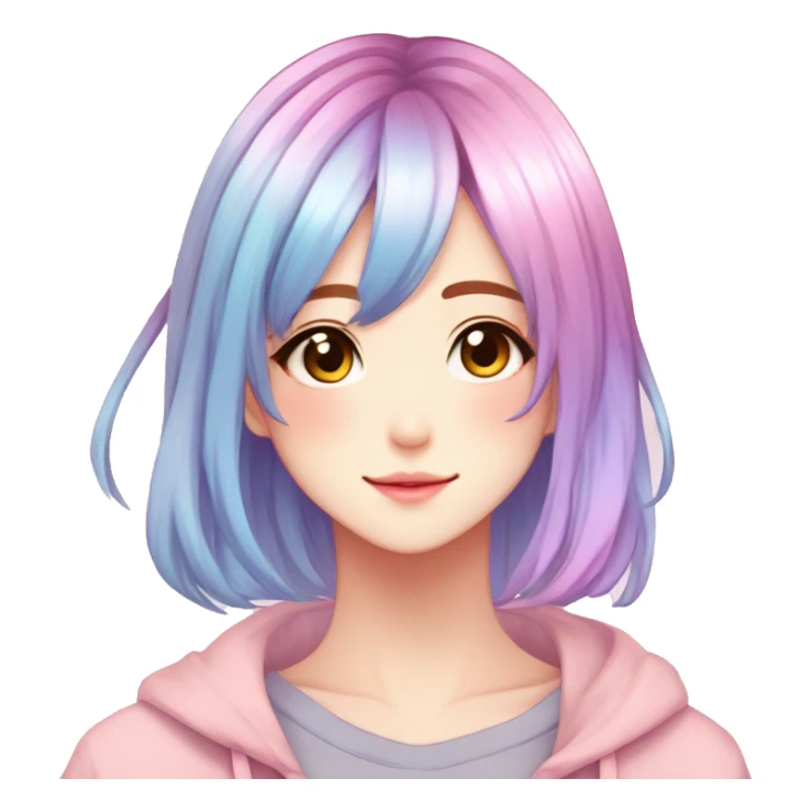 Gorgeous anime style shojo character with blushing face aesthetic and pretty colorful shiny gradient pastel hair with hair garment trending style sticker