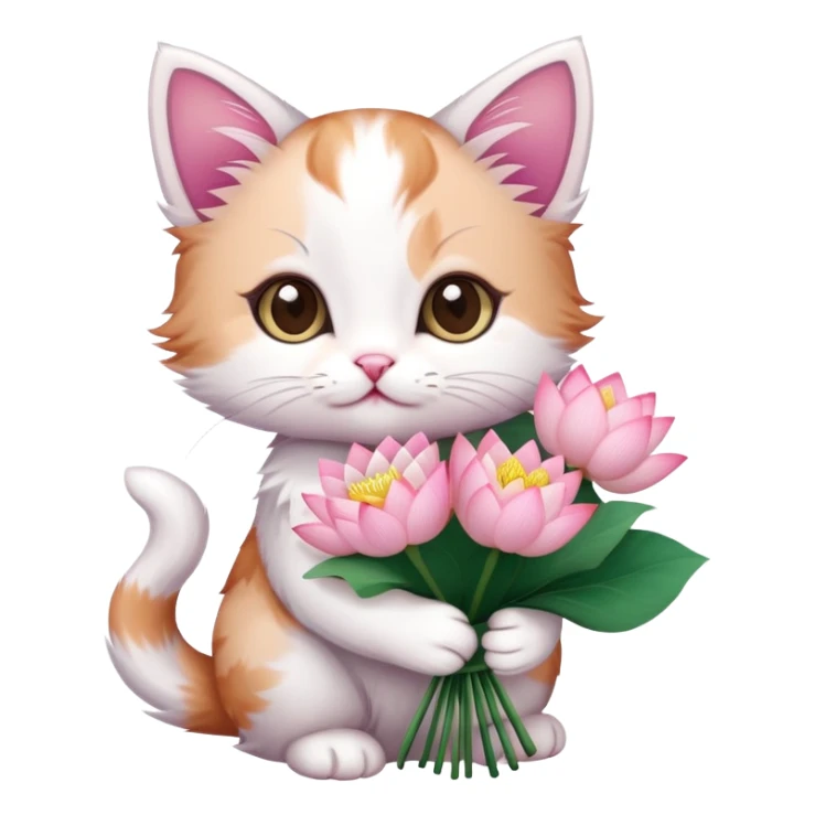 Kitten holding a bouquet of lotus flowers sticker