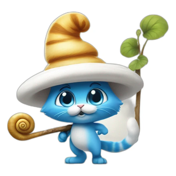 smurf cat with white hat and a snail on its back walking on the stick sticker