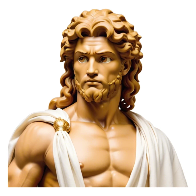 Cinematic Realistic Hercules Portrait, head tilted playfully and inquisitively, showcasing a blend of legendary power and youthful charm with the refined features of Michelangelo's David. His light tan, sculpted skin and thick, curly, golden brown hair—styled with wild majesty—evoke the spirit of the lion-wrestling Hercules. Clad in a softly draped white robe with subtle golden details and adorned with a Greek laurel wreath, his expressive eyes and warm smile capture an approachable yet formidable hero, bathed in gentle natural lighting. sticker