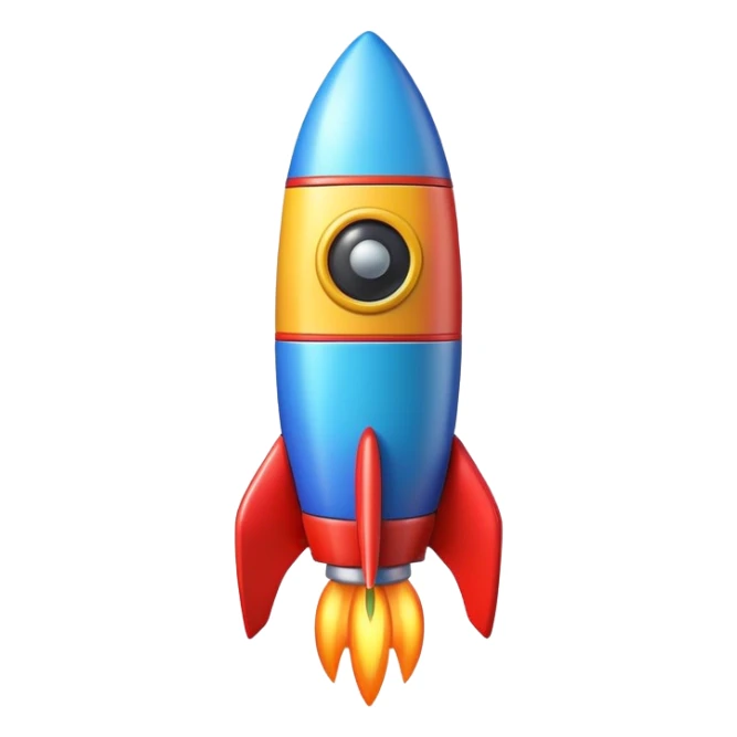 A colorful toy rocket with a cute happy face on its body sticker