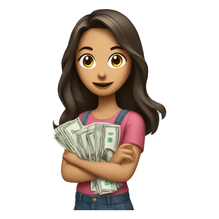 brunette girl with long hair holds paper dollars in her hands sticker