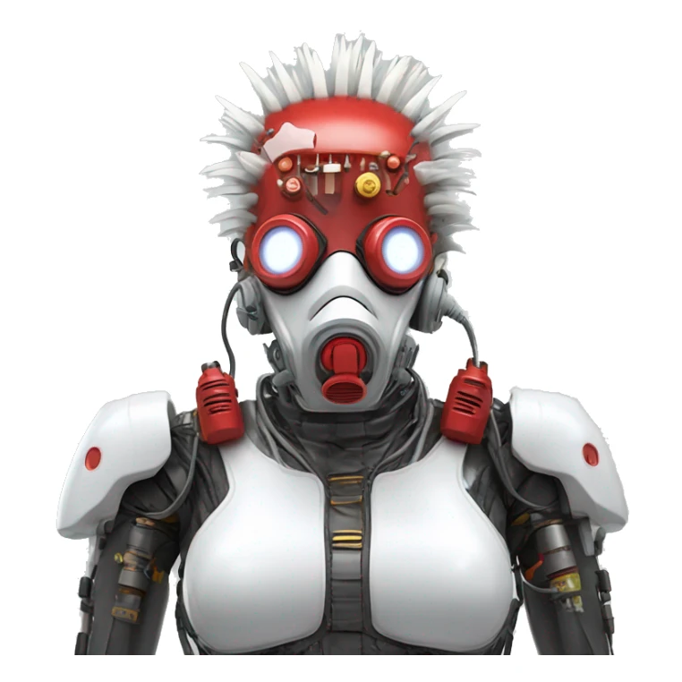 White Mohawk female cyborg head with red respirator mask and circuits sticker