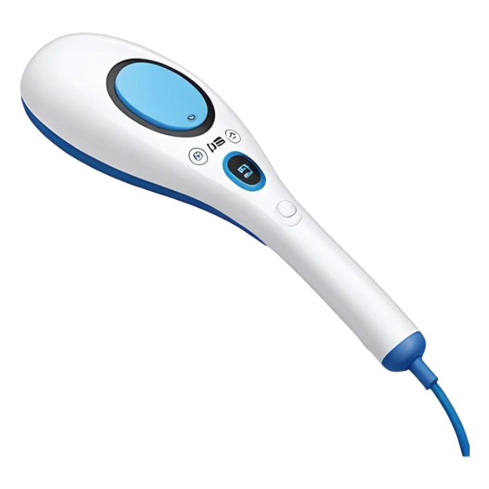 a white handheld massager with a rounded, padded head and a long handle. The handle features a blue accent area with a small black switch in the center, and a cord emerging from the bottom. The head is slightly larger than the handle and attached with a short blue neck sticker