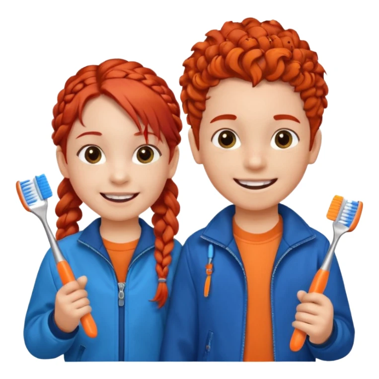 Two children smiling with toothbrushes in their hands. On the left is a girl with braided red hair, wearing a blue jacket and an orange shirt. On the right is a boy with curly black hair, wearing an orange shirt. Both are holding blue toothbrushes and look happy and healthy. sticker