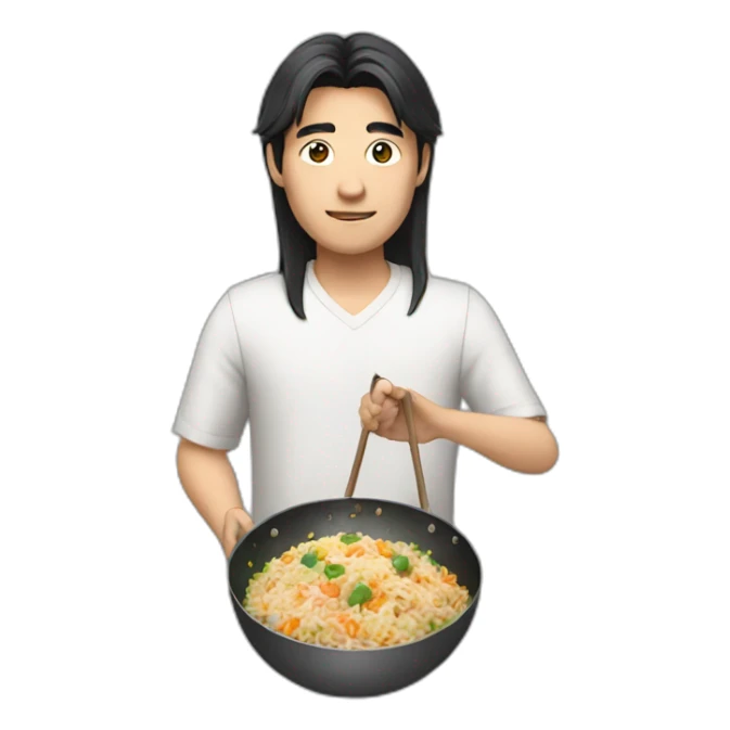 asian guy with long hair holding a wok that has fried rice in it sticker