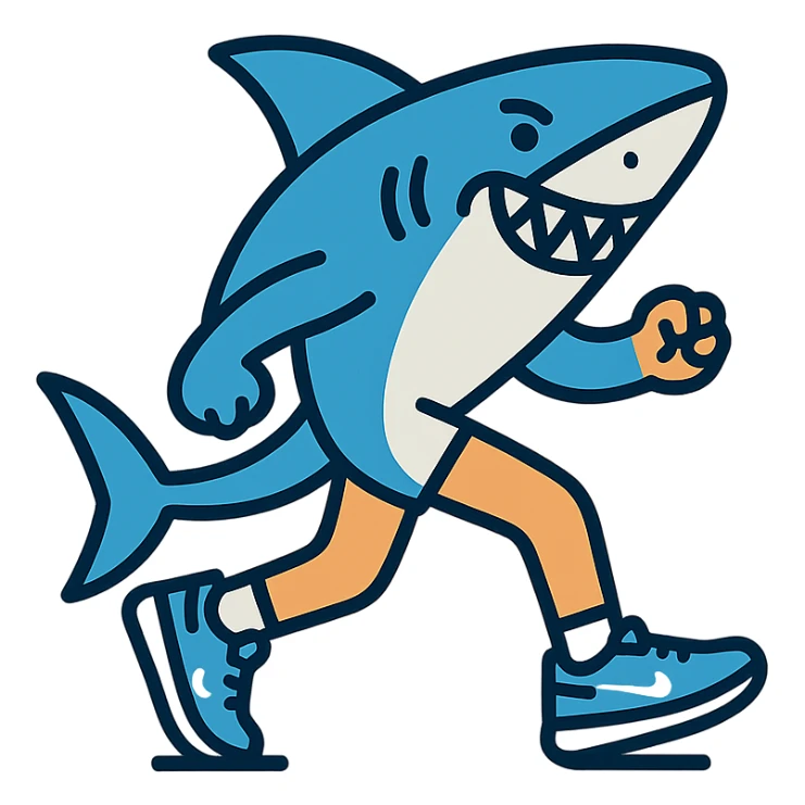 playful shark with human-like legs running in blue Nike shoes outlined in modern color icon style sticker