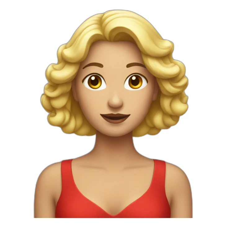 woman in red dress holding apple sticker