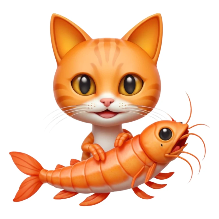 A cute 3D hybrid creature combining a cat and a shrimp, with a cat’s head and a shrimp’s body, bright orange tones, big expressive eyes, smiling face, cartoon style, soft lighting, smooth textures, emoji-like design, high-quality digital illustration. sticker