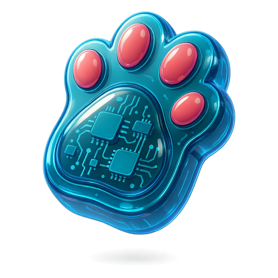fluffy cat paw, glossy circuit style, shiny and tech-inspired, neon accents sticker