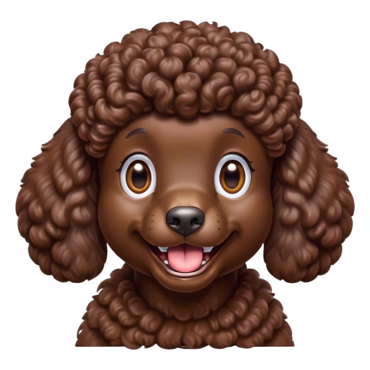 Cinematic Comical Chocolate Poodle Portrait Emoji, Head tilted dramatically with an exaggeratedly amused expression, featuring a glossy, curly chocolate Fur with a bouncy texture, wide, expressive brown eyes filled with playful disbelief, Simplified yet hilariously expressive features, highly detailed, glowing with a slightly sassy glow, high shine, dramatic yet playful, stylized with an air of cheeky mischief, bright and endearing, soft glowing outline, capturing the essence of a spirited and over-the-top companion, so meme-worthy it feels like it could side-eye its way into internet fame instantly! sticker