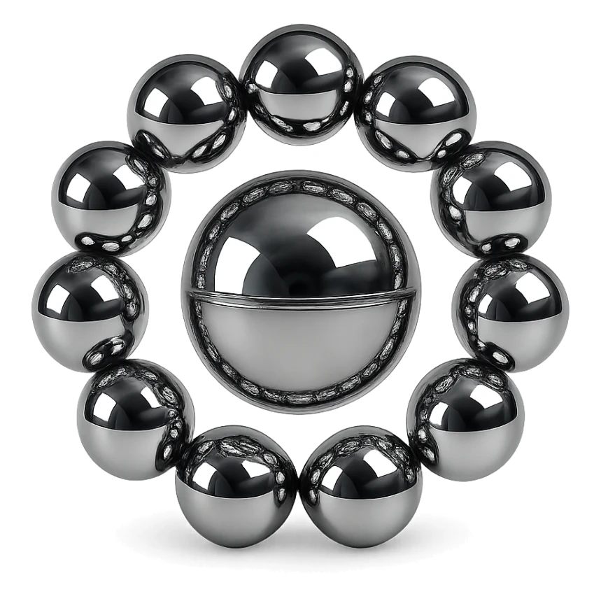 several reflective metallic chrome spheres connected together in a circle with one larger chrome sphere in the center, highly polished, no background sticker