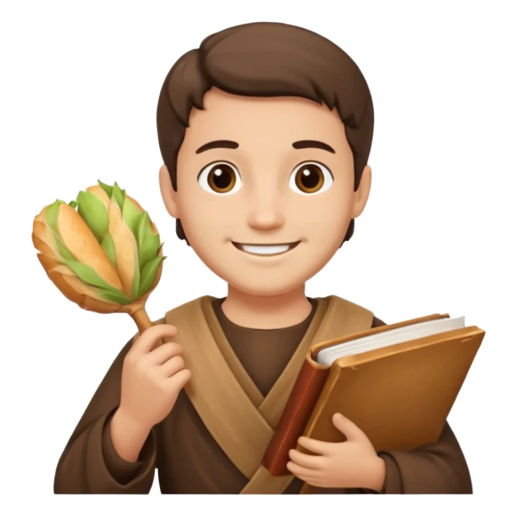 Santo Antônio with brown tunic, holding bread and a book, smiling face sticker