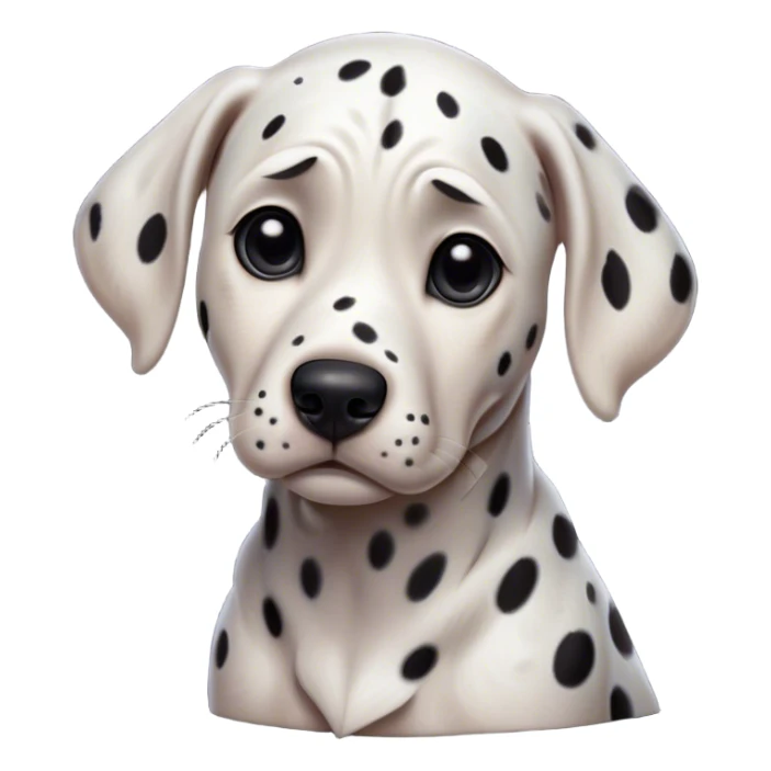 Cinematic Grumpy Dalmatian Portrait Emoji, Head tilted slightly with a deeply unimpressed expression, featuring a glossy white coat with prominent black spots and a furrowed brow, large, droopy dark eyes narrowed into an unamused glare, ears slightly drooping in exasperation, Simplified yet comically expressive features, highly detailed, glowing with a dry, sarcastic glow, high shine, effortlessly judgmental yet dignified, stylized with a touch of cynicism, bright but brooding, soft glowing outline, capturing the essence of an eternally unimpressed yet endearing companion, so lifelike it feels like it could sigh heavily at you in disdain at any moment! sticker