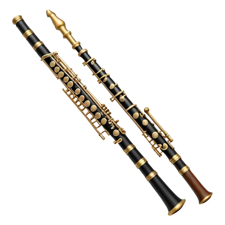 Create a detailed and elegant emoji depicting an oboe. The design should include a thin cylindrical black oboe body with intricate keys visible along its entire length. A small cane, typical for this instrument, should be visible in the upper part. Use rich wood tones with silver or brass inserts on the keys to emphasize the high quality of oboe performance. Add subtle musical notes surrounding the instrument to emphasize its expressive, melodic sound. The background should be transparent. sticker